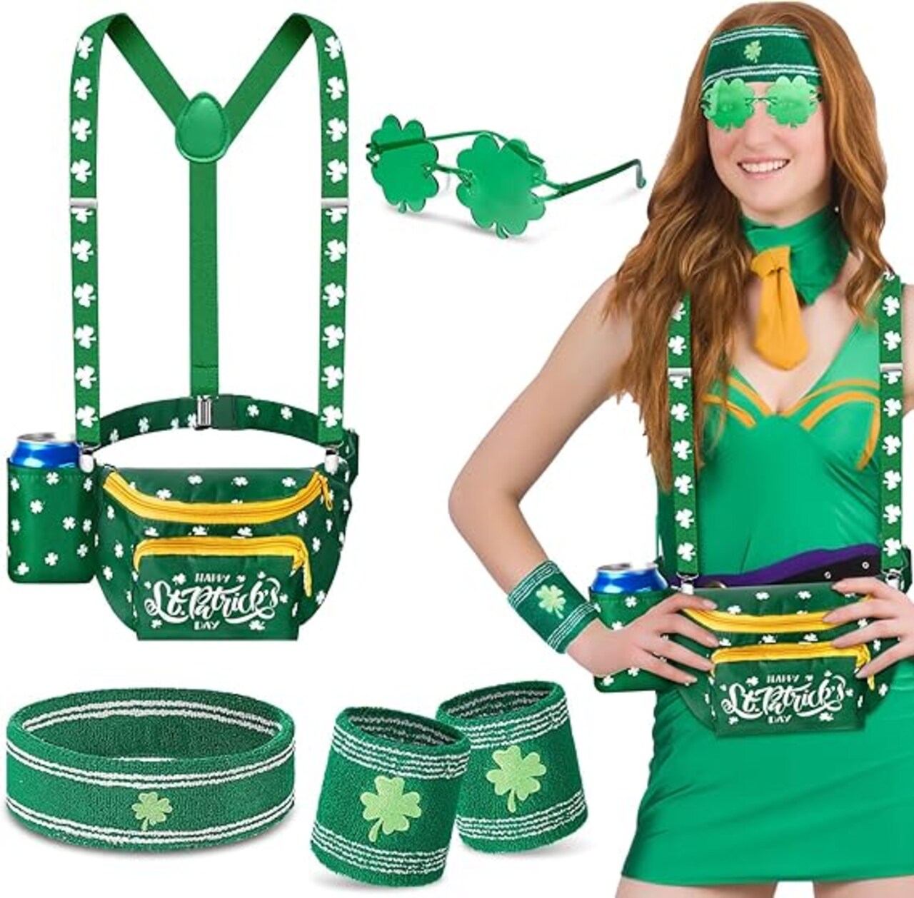 7 Pcs St Patrick's Day Costume Accessories Shamrock Outfit Irish Fanny Pack with Drink Holder Green Adjustable Suspender Sweatband Sunglasses Wristband St Patty's Gift for Women Dress up